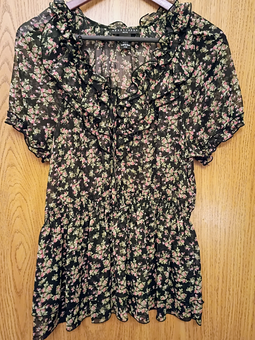 Apostrophe Black Sheer Floral Ruffle Tunic with Pink & Green Print